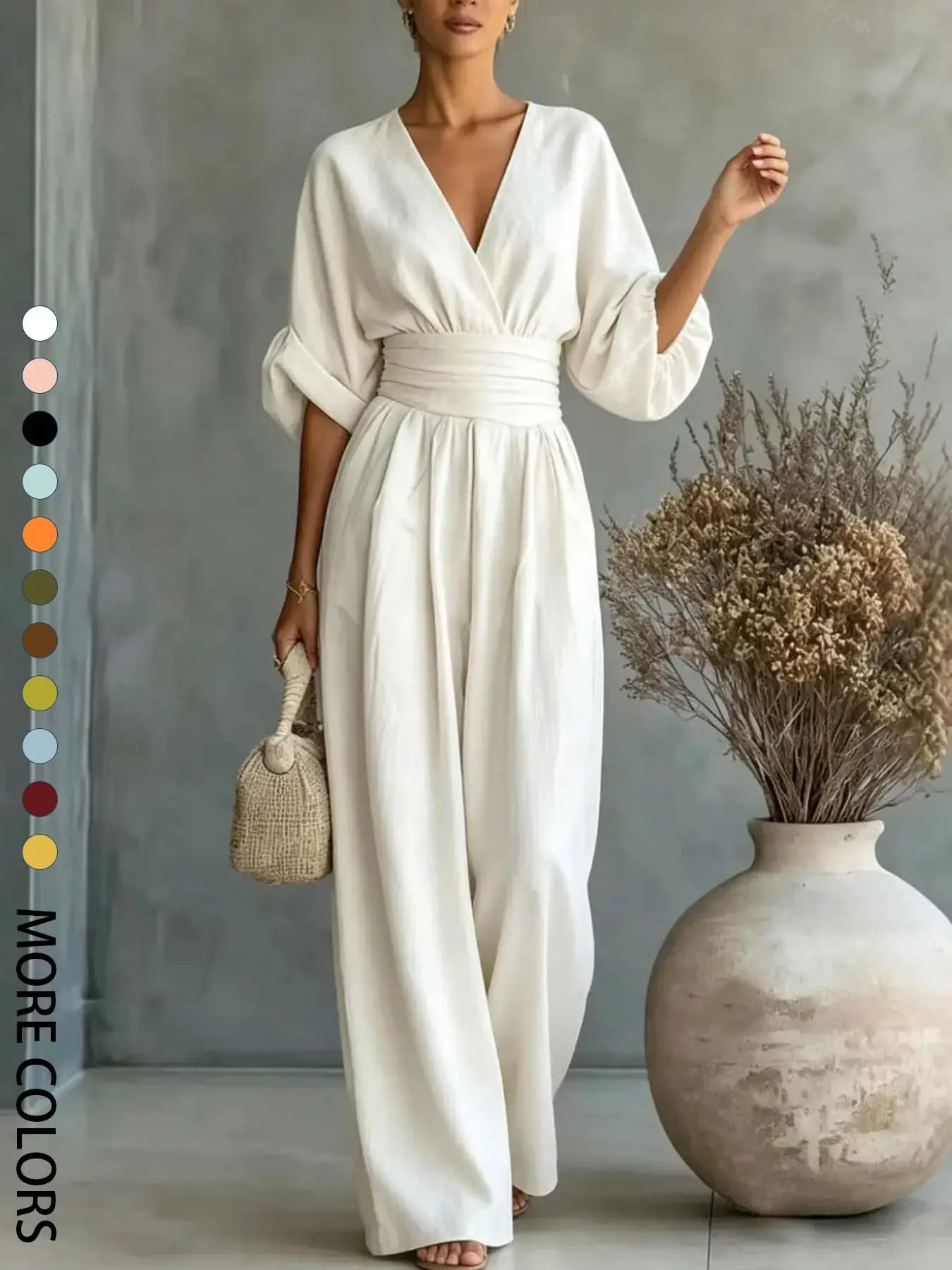 Summer new minimalist V-neck one-piece wide leg pants with cinched waist for slimming effect, Waistband Fashion Plain Jumpsuit, Bubble sleeve design is suitable for daily travel, commuting