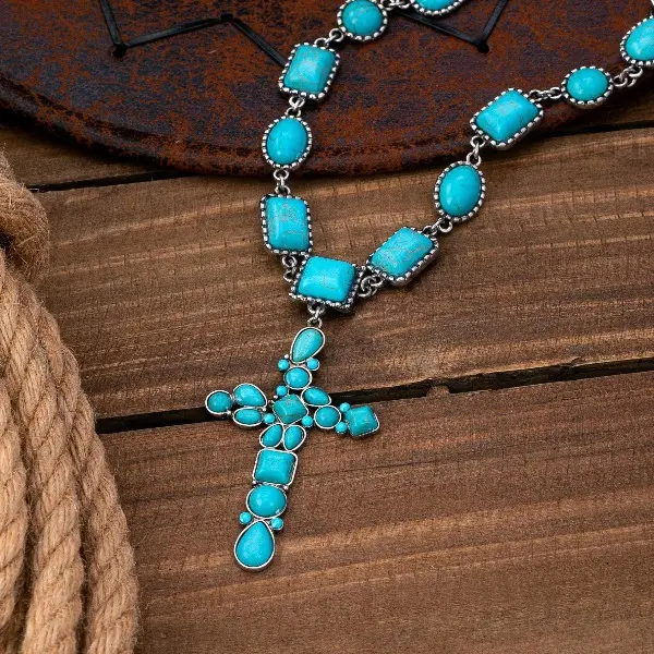 Women's Antiqued Metal Coating Bohemian Cross Pendant Necklace - Female Casual Party Turquoise Costume Chain Jewelry, Geometric Inlaid Short Neck Accessory, Ideal for Everyday Wear or Vacation