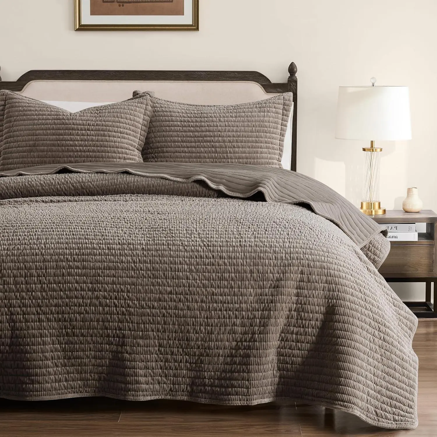 Size Quilt Set - Beige Striped Soft Lightweight Bedspread, Tan Neutral Ribbed  Country Rustic Coverlet, Taupe Camel Modern Bedding Kakhi Warm Thin Comforter, 3 count