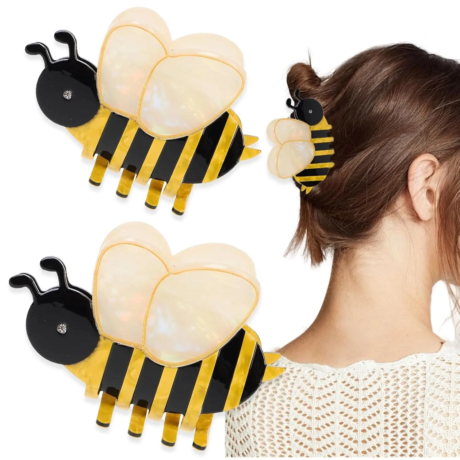 2 PCS Honeybee Hair Claw Clip Bee Hair Clip Cute Acetate Animal Headdress Fashion Anti-slip Bee Hairpin Funny Hair Accessories for Women Girls Styling Thick Hair Hairstyle Decoration(2 Sizes)