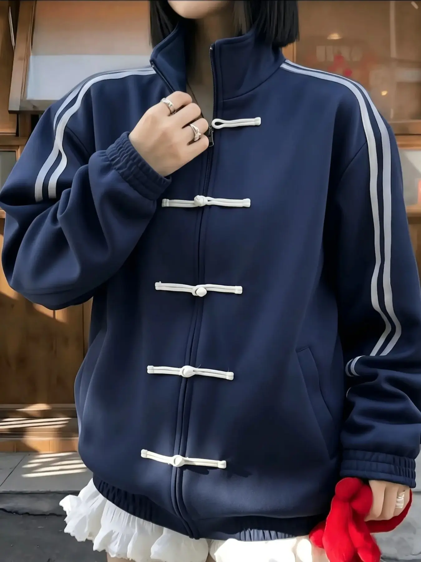 Women's New Traditional Mandarin Button Sport Jacket, Side Two Bars Standing Collar Open Front Sweatshirt, Casual Loose Fit Outerwear