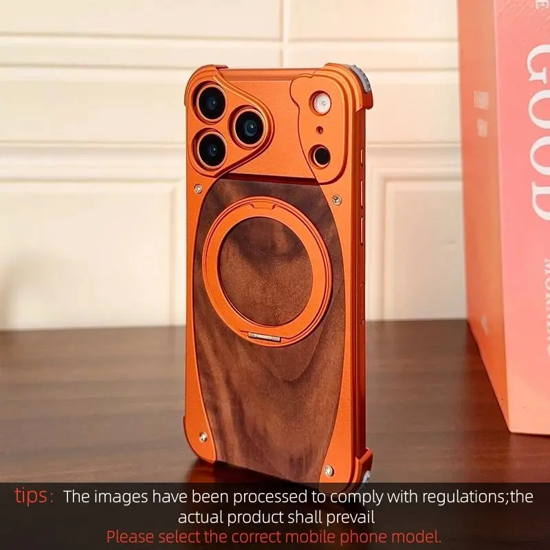 Aluminum Magnetic Wooden Protective Case Casing for iPhone 17 Pro Max 17 Pro Smartphone Cover Walnut Real Wood for Magsafe Free Rotation Stand Shockproof Cellphone Shell Accessories