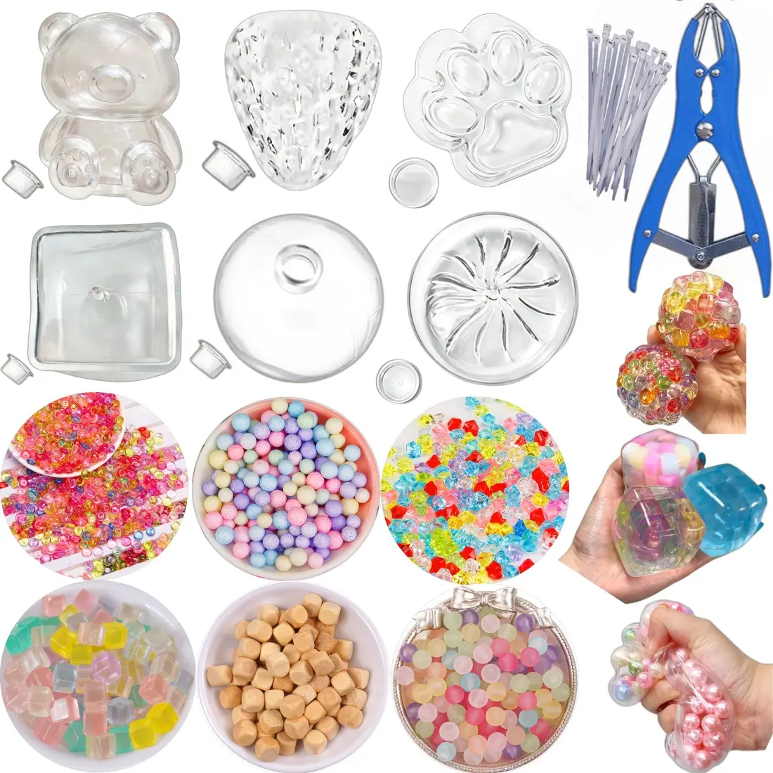 DIY Stress Ball Making Kit, Squishy Maker, 6 Squishy Mold Shapes (Bear/Cube/Strawberry/Round) with 6 Colorful Filler Packs, 15ml Glue, Ideal for Adults and Beginners, Squishy Stress Relief Toys