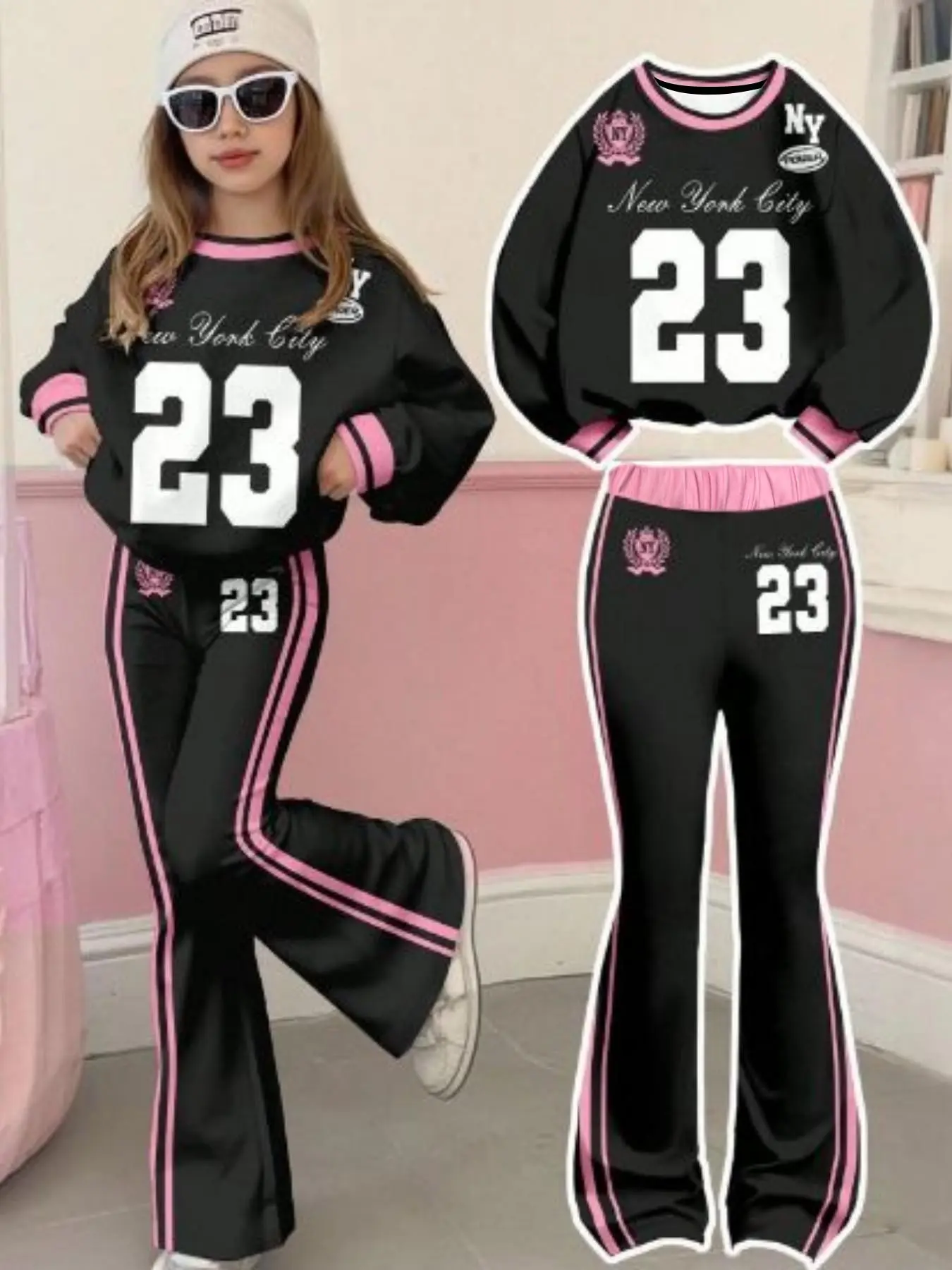 2-Piece Teen Girl Set, Cute Back-To-School Colorblock Letter Print Top & Bell Bottoms, Soft School Uniform Style for Fall Daily Wear