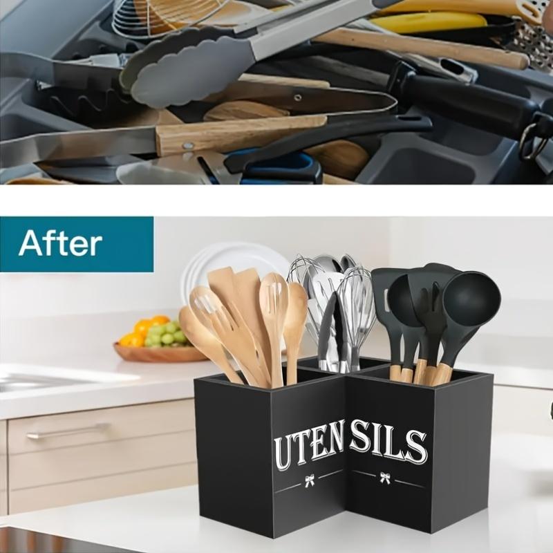 3 Compartments Rustic Style Kitchen Corner Tableware Open Storage Box, Wooden Countertop Storage Box with Space-Saving Design, Suitable for Forks/Spoons/Sifters