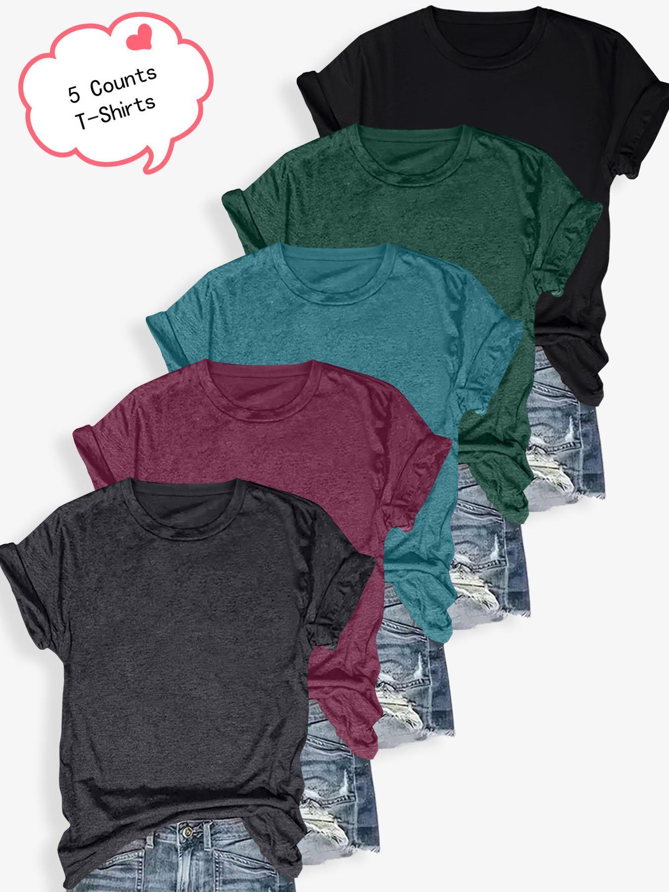 Women's Solid Round Neck Tee, Casual Short Sleeve Crew Neck T-Shirt for Summer, Ladies Clothes for Daily Wear