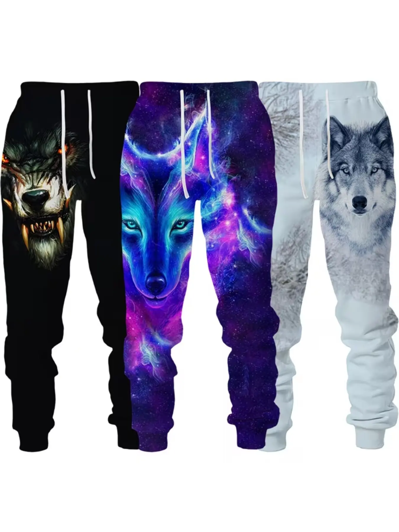 Men's 3-Pack Digital Print Casual Lounge Sweatpants, Wolf Totem & Galaxy Design, Elastic Waist, Tight Fit, Spring & Fall Outdoor Wear