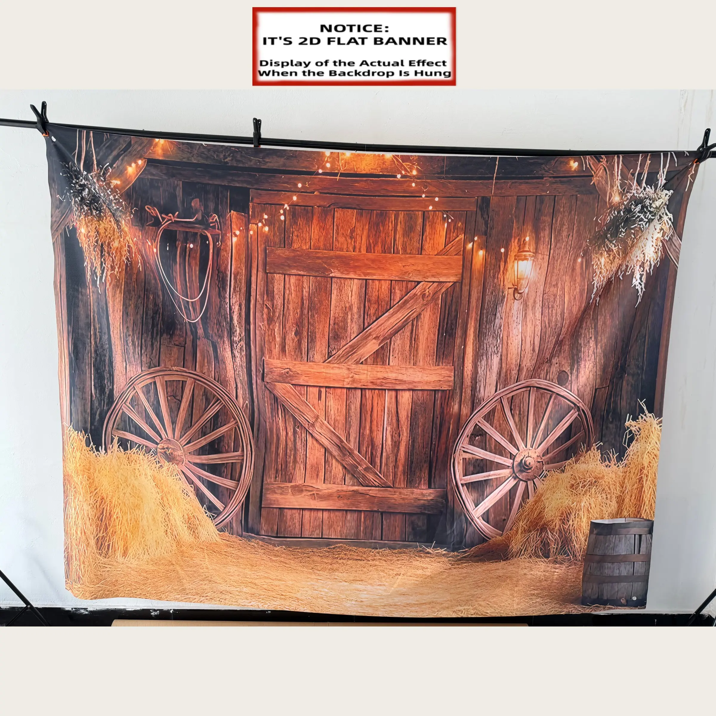 2D Flat, 1pc Western Barn Backdrop Banner, Party Decorations Banners, Party Decor Supplies, Rustic Farm Party Decor with Wooden Doors, Hay Bales, Wagon Wheels, Durable Polyester Photography Background for Birthday, Cowboy Party Decorations, Easy Setup