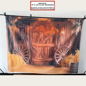 2D Flat, 1pc Western Barn Backdrop Banner, Party Decorations Banners, Party Decor Supplies, Rustic Farm Party Decor with Wooden Doors, Hay Bales, Wagon Wheels, Durable Polyester Photography Background for Birthday, Cowboy Party Decorations, Easy Setup