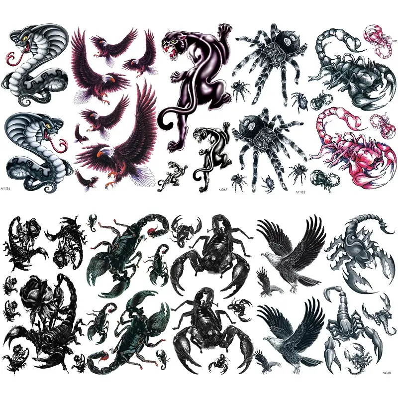 10 Pack Realistic Tribal Wolf Tiger Eagle Scorpion Animal Temporary Tattoos, Waterproof Long-Lasting Fake Tattoo Stickers, Halloween Party Decor