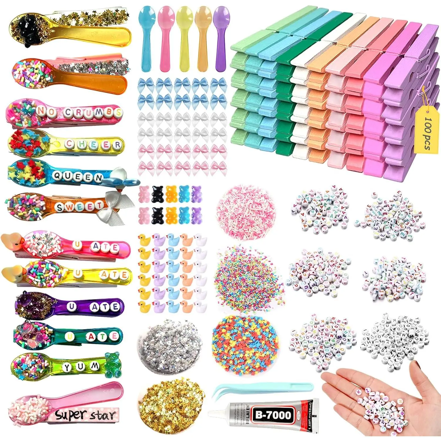 100 Set Cheer Pins Kit Include 100 Pcs Clothes Pins Wooden,100 Cheer Spoons,600 U ATE Beads & DIY Cheer Pin Charms,Cheerleader Gifts for Team Spirit(2.9 Inch, Macaron Colors)