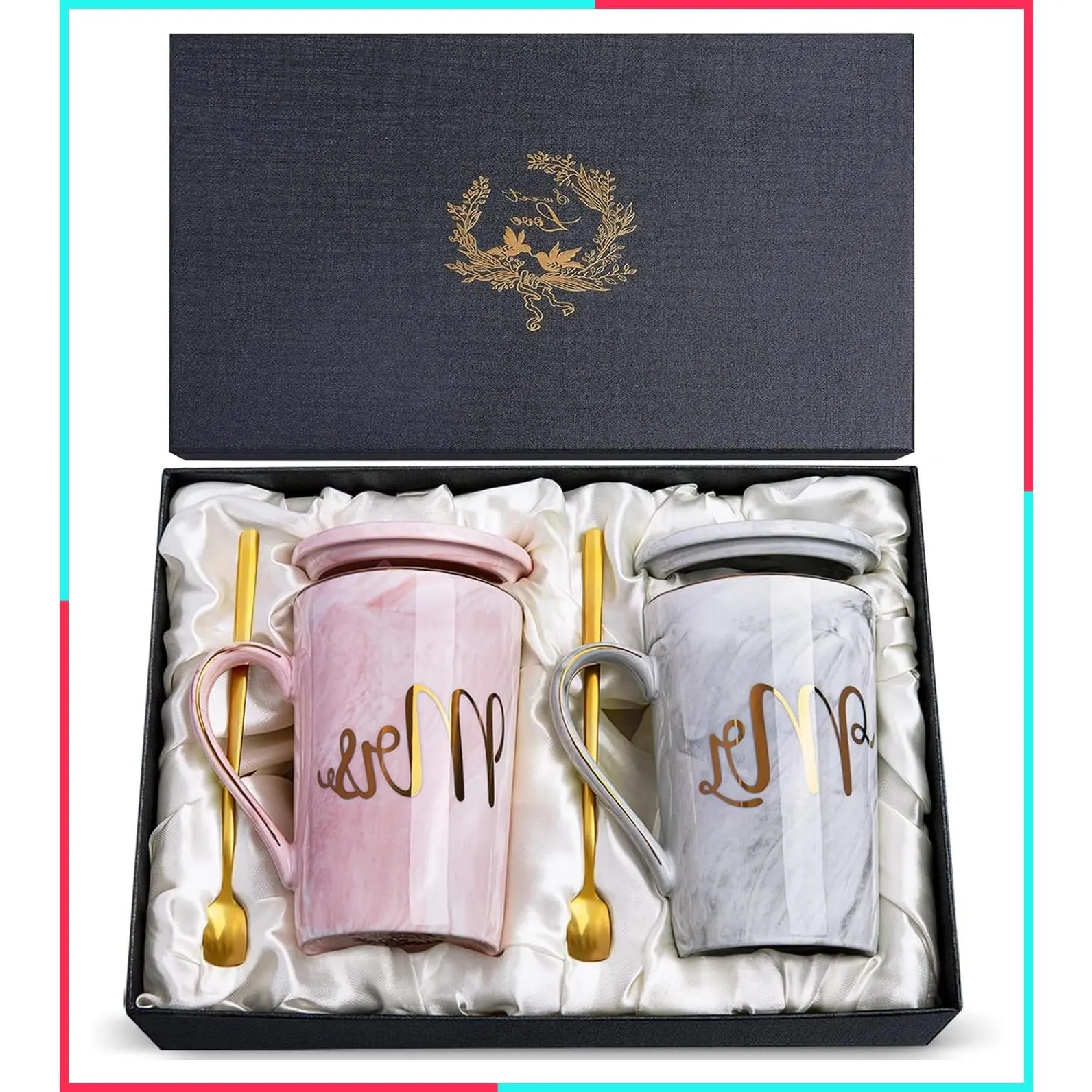Wedding Gifts for Couples 2026, Bridal Shower Engagement Gift, 14oz Ceramic Mr and Mrs Mug Set with Real Gold Foil, Greeting Card, Gift Box