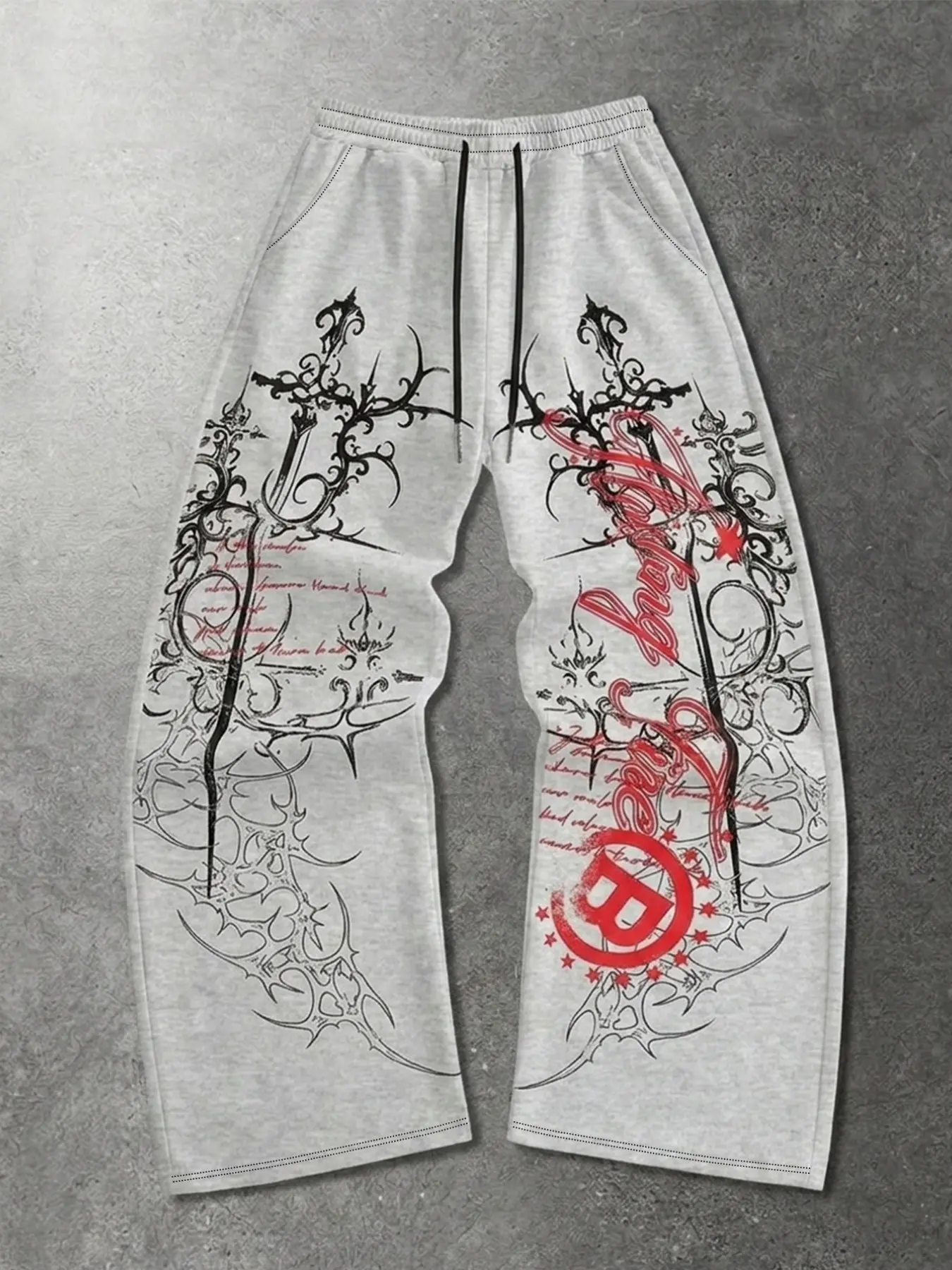 Dark Gothic Thorn Symmetrical Wide Leg Sweatpants, Cross Embroidery, Handwritten Text, Star B Logo, Graphic, Fitted All-Season Pants