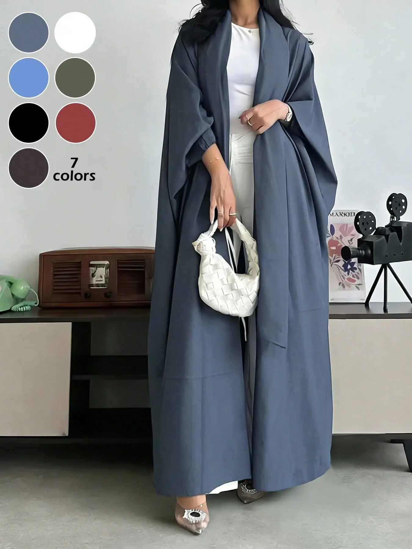 Elegant Loose Fit Muslim Conservative Abaya, Plain Color Daily Commute Versatile Open Front Coat, No Scarf Included, Women's Fashion