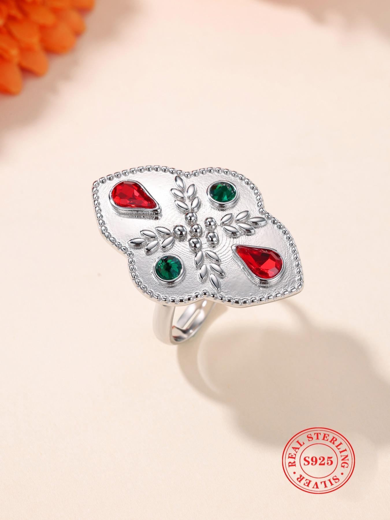 925 Sterling Silver Vintage Artificial Gemstones Decorated Ring, Fashion Jewelry for Party, Daily Clothing Decor, Trendy All-match & Exquisite Jewelry for Birthday Gift