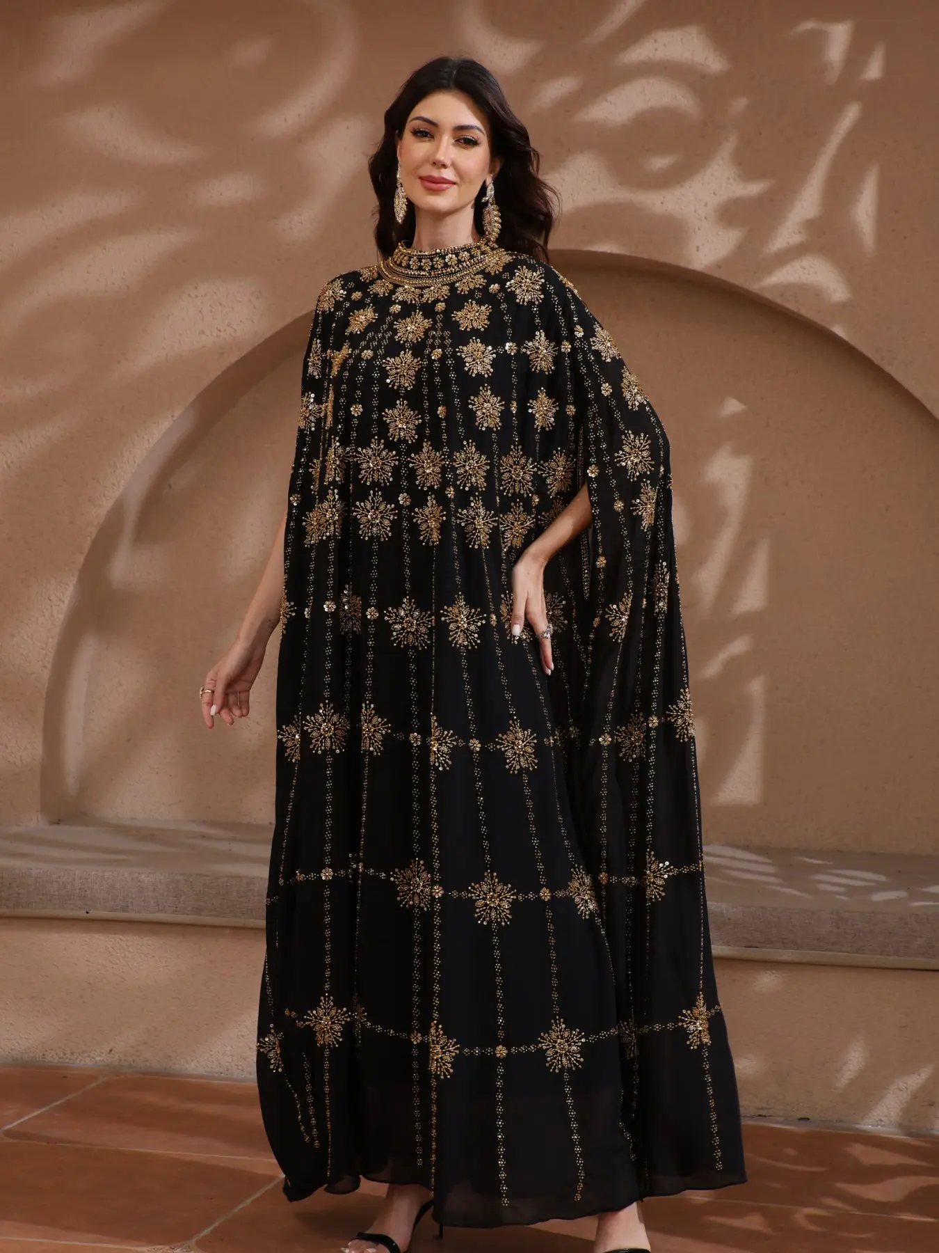Women Abaya Muslim Dress One Size Cape Sleeve Rhinestone Floral Embellished Chiffon Long Maxi Kaftan Dress For Party Wedding CXD41