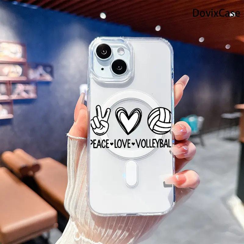 Phone Case - Peace Heart Volleyball Grid Print Transparent Acrylic Magnetic HD Clear Shockproof Printed Phone Case for iPhone 17 E Air Pro ProMax iPhone16 15 14 Plus 13 12 11 X XS XR