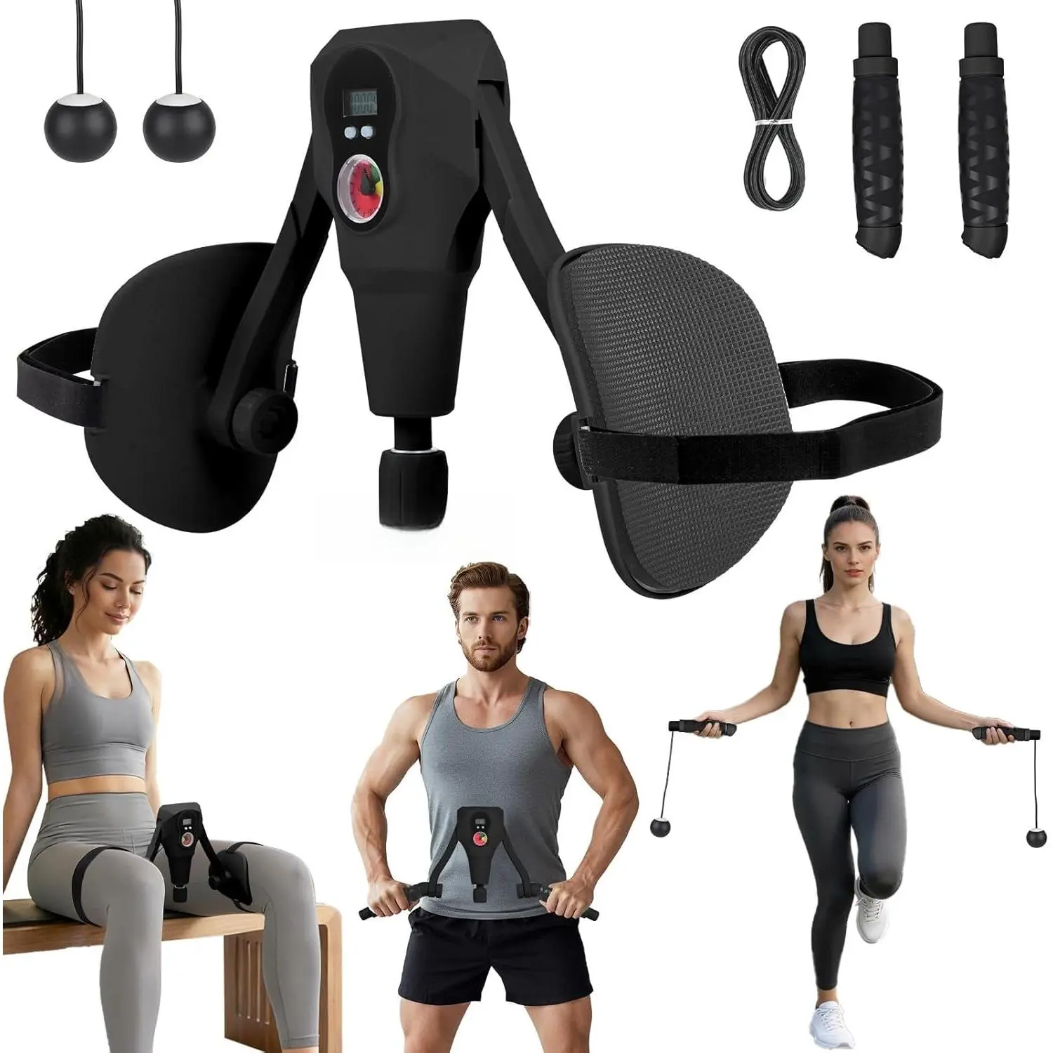 Abahub Inner Thigh Trainer with Display Counter, 0-132 LBF Adjustable Resistance Pelvic Floor Muscle Exerciser, Home Gym Kegel Trainer Includes Bands, Arm Workout Handles & Wireless Jump Rope