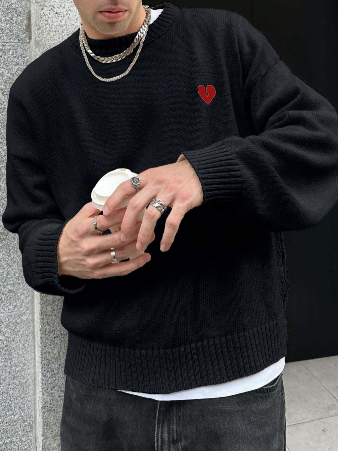 Men's Heart Embroidery Drop Shoulder Sweater, Casual Comfy Pullover, Loose Casual Long Sleeve Round Neck Jumper for Fall & Winter, Fashion Men's Knitwear for Daily Wear