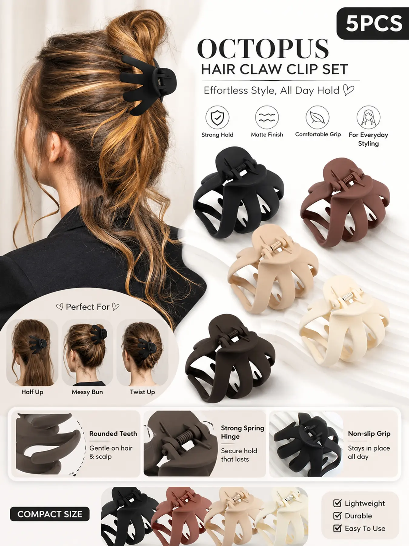 5PCS Octopus Hair Claw Clips Set, Matte Minimalist Non Slip Jaw Clips with Strong Spring Hold, Large Grip Clamps for Thick Thin Curly Hair, Soft Teeth No Damage Hair Accessories for Women Girls Bun Updo Ponytail Daily Salon Styling