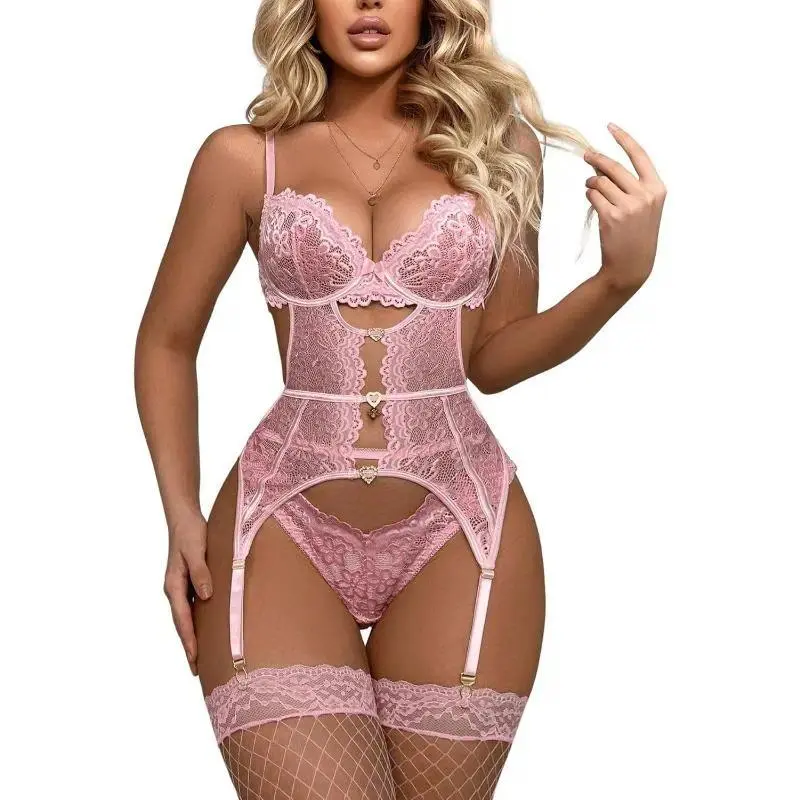 Women's Elegant 4-Piece Floral Lace Lingerie Set - Fire Red Sheer Babydoll with Underwire Bra, Thong, Garter, Fishnet Stockings, Snug Fit Bodysuit for M-Size Sports & Outdoor Occasions
