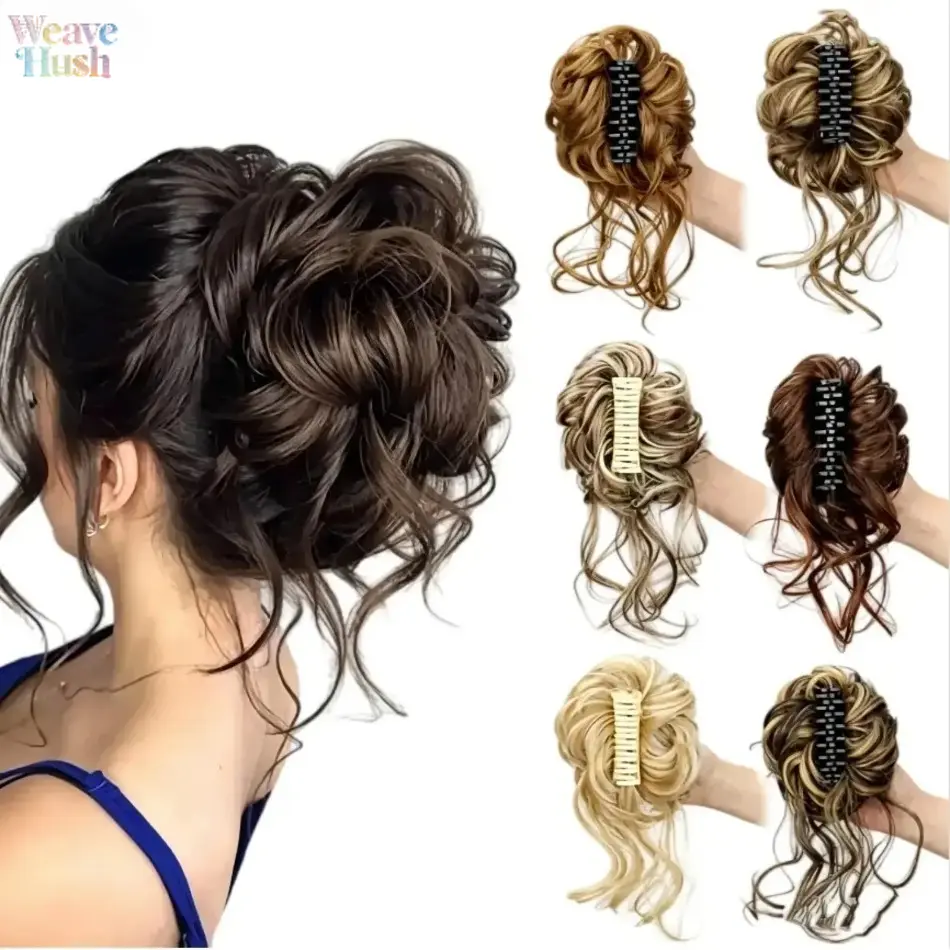 8-Tooth Large Claw Clip Messy Curly Bun Hair Piece, Synthetic Ombre Fake Bun with Wispy Loose Tendrils, Instant Easy Install Hair Extension, Strong Grip Updo Hair Accessory for Daily Casual, Festival, Wedding & Beach Vacation Summer Hairstyle