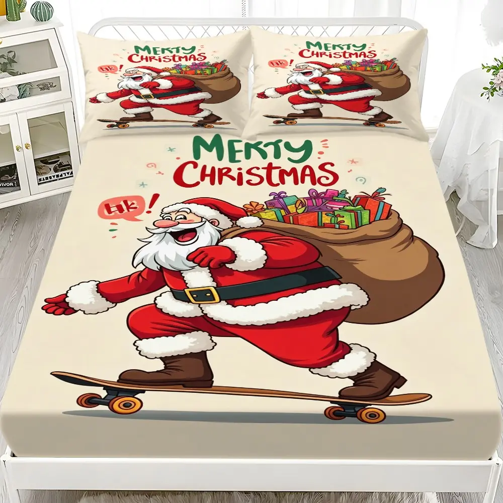 Santa Skateboard Three-Piece Bed Set, Modern Christmas Bedding for Kids, Includes Sheet and Two Pillowcases, Festive Bedroom Decor