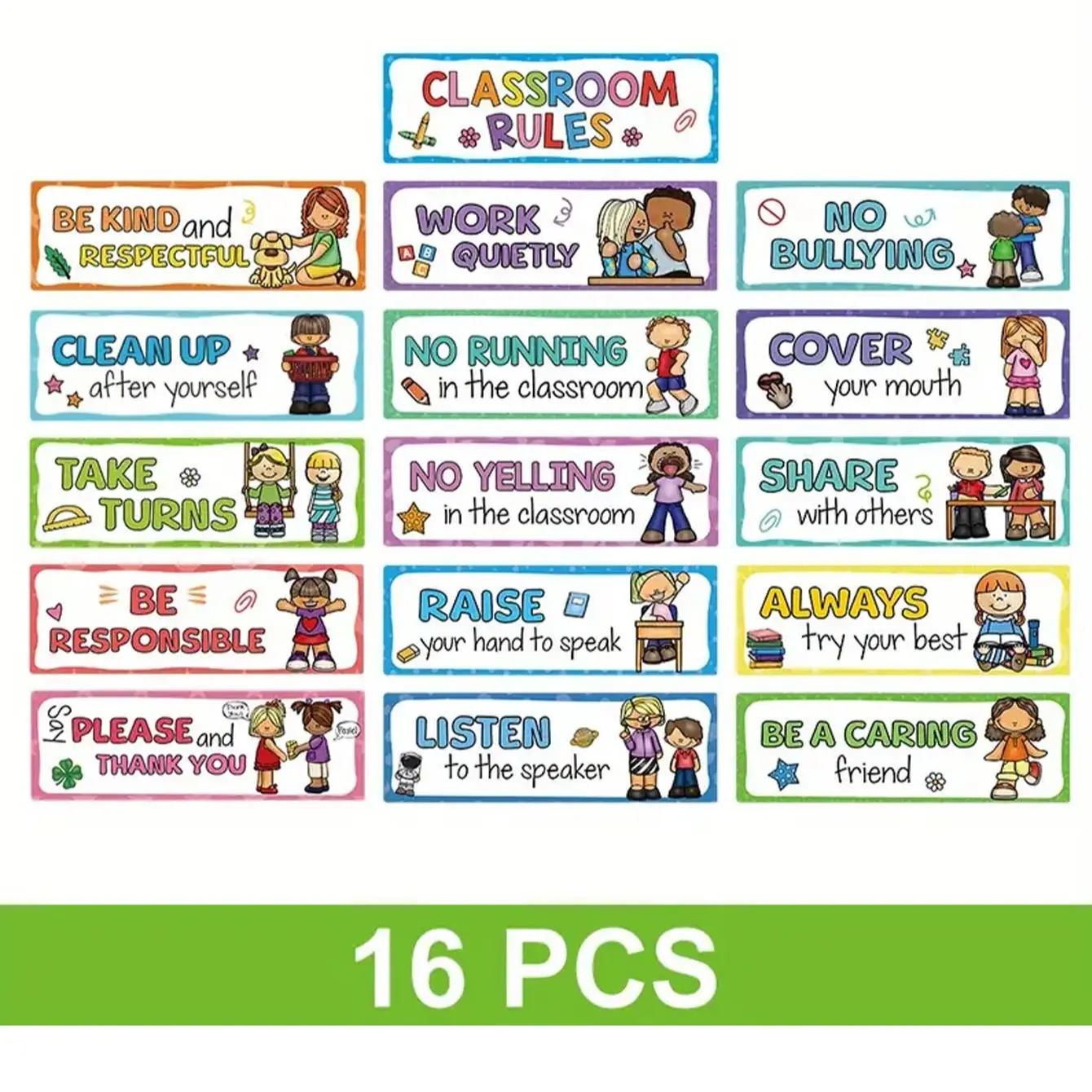 Classroom Rules Poster Set of 16, Durable and Vivid Educational Wall Art for Rooms, Creative Play Space Decoration