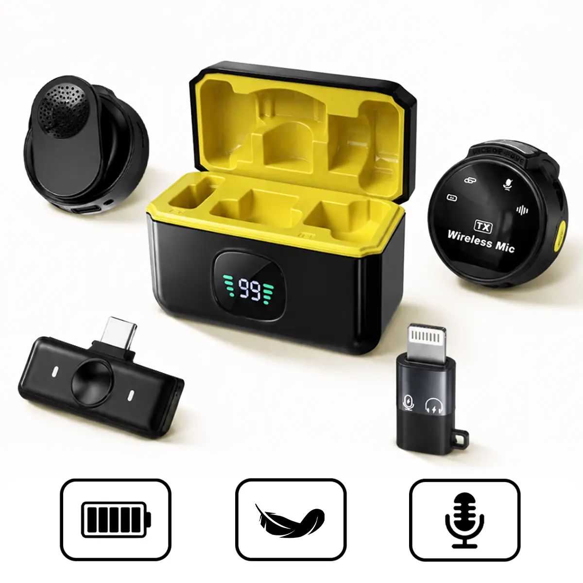 Wireless Lavalier Microphones, Mini Wireless Clip on Mic for IPhone Android, Magnetic Microphone with Dual Noise Reduction, Long Range Transmission, Charging Case for Video Recording