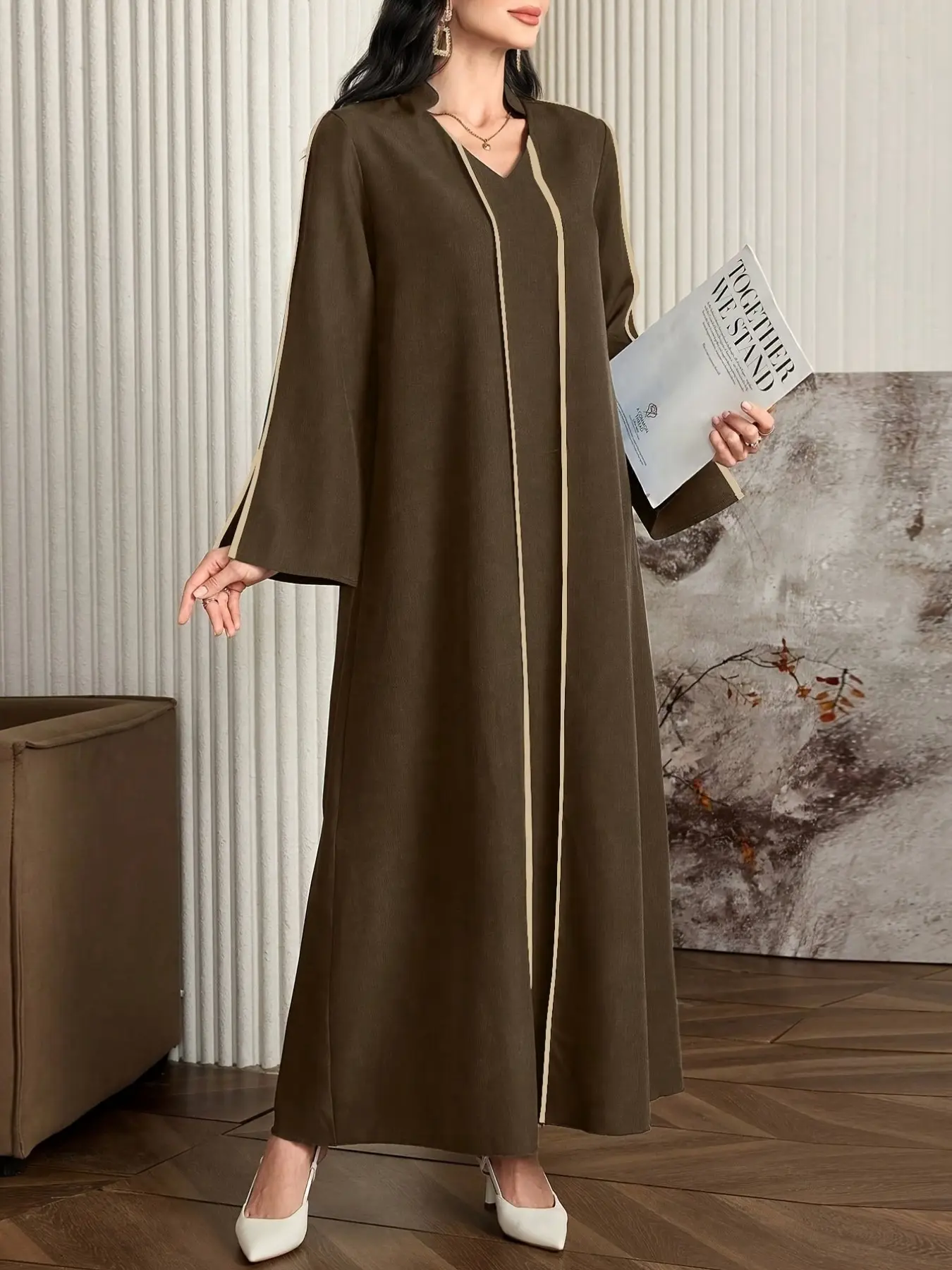 Women's Coffee Maxi Abaya, Modest Islamic Abaya, Muslim Abaya, Stand Collar Half Zip Dress, Long Sleeve with Elastic Cuffs, Islamic Casual Style, Islamic Modesty Clothes, All Seasons