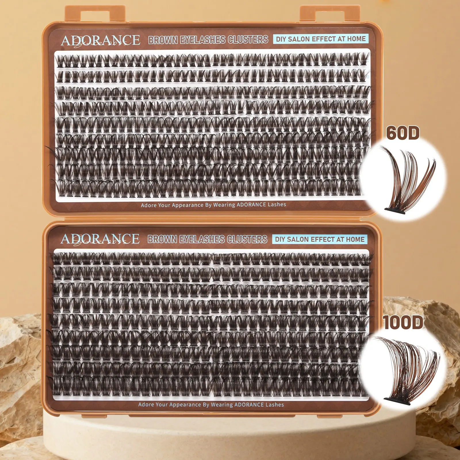 ADORANCE Brown Lash Clusters 648PCS D Curl Makeup Eyelash Extensions 10-18mm Mixed Length, 60D+100D Volume Natural Wispy Fluffy Individual Lash Clusters DIY at Home, Soft Band Lightweight Salon Look