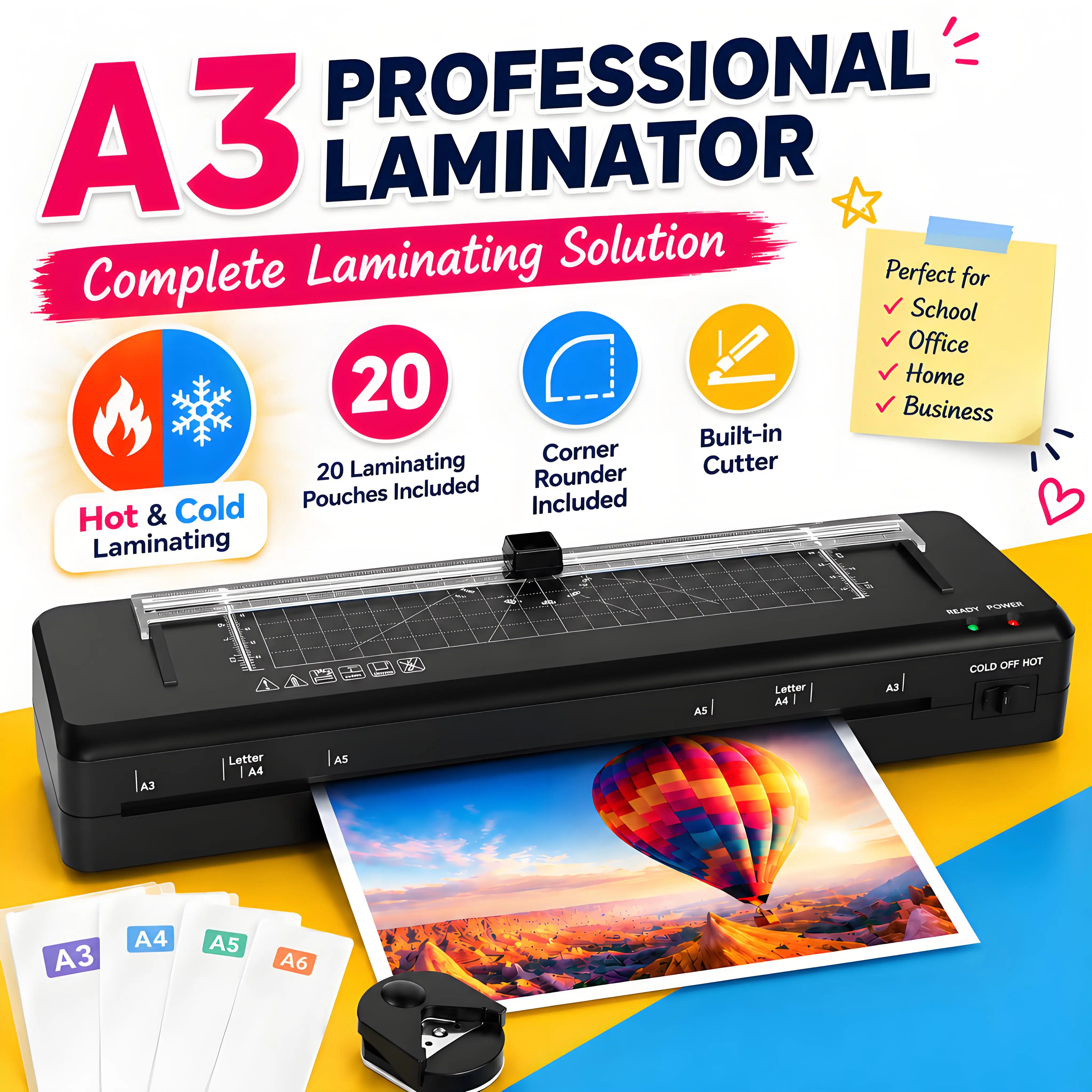 A3 Laminator Machine with 20 Laminating Pouches, Hot & Cold Laminating, Fast 60-70s Warm-Up, Never Jam ABS System, Built-in Cutter & Corner Rounder, Portable 4-in-1 Laminator for Photos, Documents, Cards, Menus, A3/A4/A5/A6