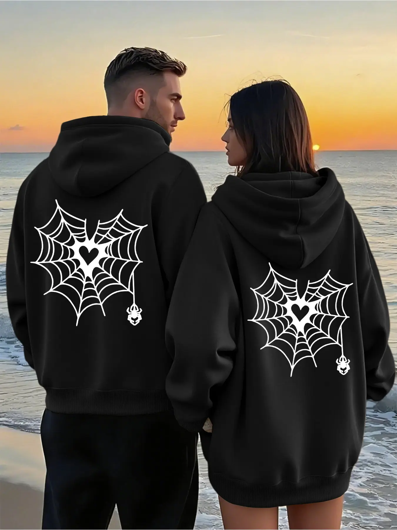 2Pcs Matching Couple Zip Up Hoodies With Geometric Spider Print, Unisex Oversized Casual Sweatshirts With Kangaroo Pockets, Wrinkle-resistant Polyester, Machine Washable, Ideal Layering Outfits & Lover Gifts For Autumn Winter Daily Dating Commute Wear
