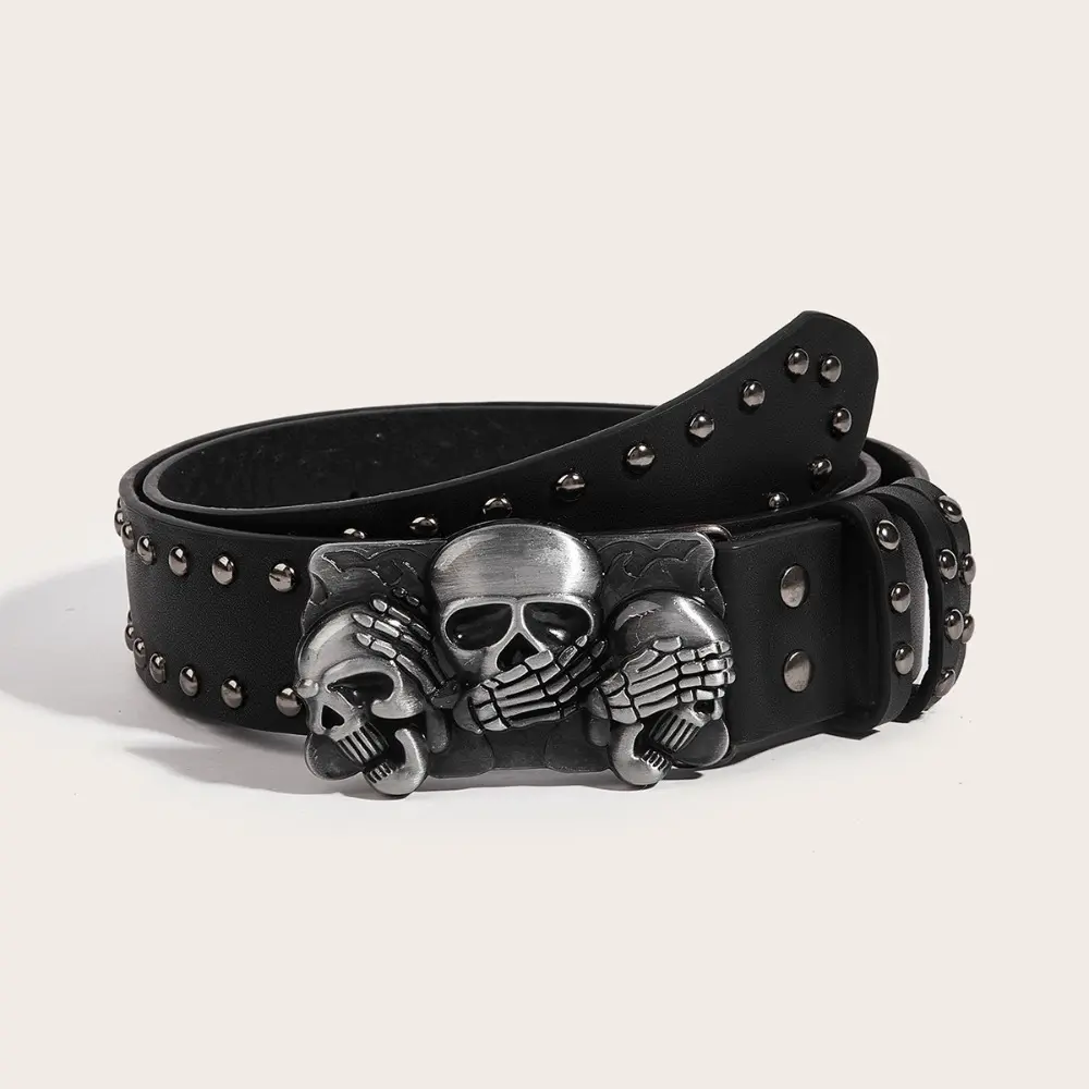 Men's Black Leather Belt in a Punk Rock Style with a Gothic Skull Motif Buckle, Snap-On Design for Casual Fashion, Men's Accessories, Punk Accessories, Design Leather Belts, Belts