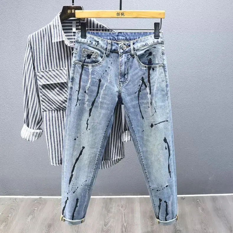 2026 New Euro American High Street Style Men's Blue Stretch Slim-Fit Straight-Leg Cigarette Jeans with Paint Splatter Effect