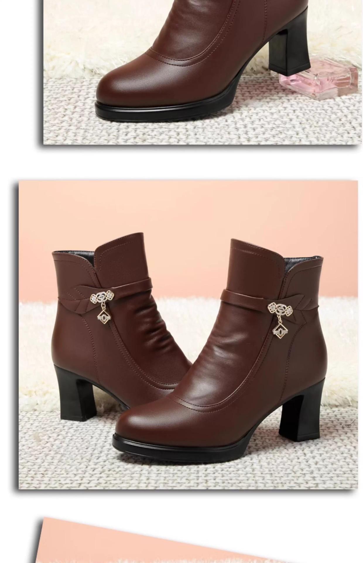 MOVRA1 Women'S -Encrusted Round-Toe Block Heel Ankle Boots with Zipper Closure & Plush Lining - Mid-Heel Winter Boots in Rich Brown, Faux Cover Upper & Rubber Sole, Elegant Casual to Semi-Formal Outfits Autumn/Winter, Comfortable & Durable Design