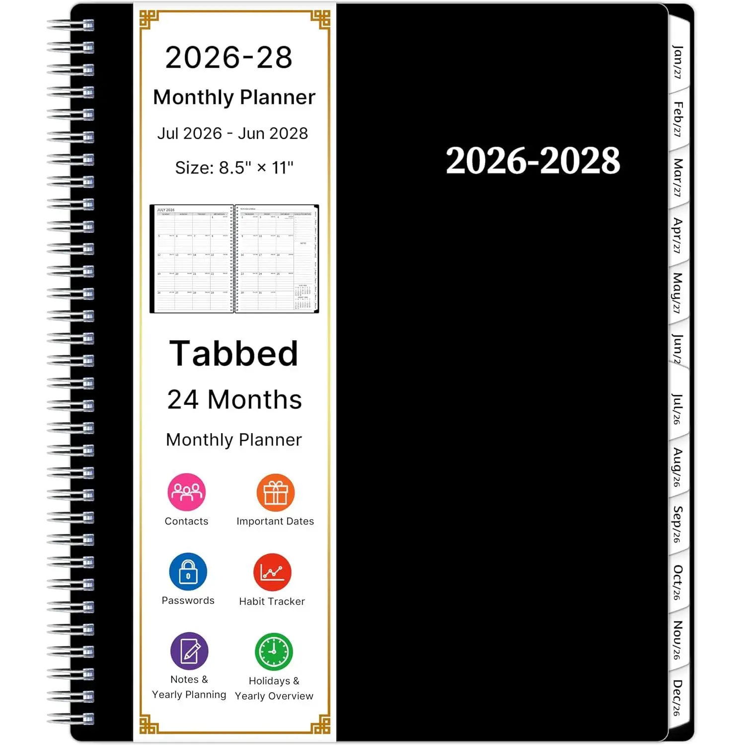 2026-2028 Monthly Planner, 2 Year Calendar Planner, Jul 2026 - Jun 2028, 8.5’’ x 11’’, Large Spiral Agenda, 24 Months, with Tabs &Pocket, Flexible Cover, Organizer for Office  School, Black