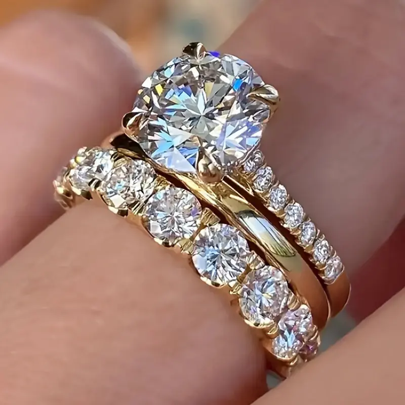 Women's 3-Pcs Stackable Rings Set - Shiny Zircon-Inlaid Imitation Diamond Bands, Luxury Matching Wedding Ring Sets for Party Daily Outfits, Rings For Women