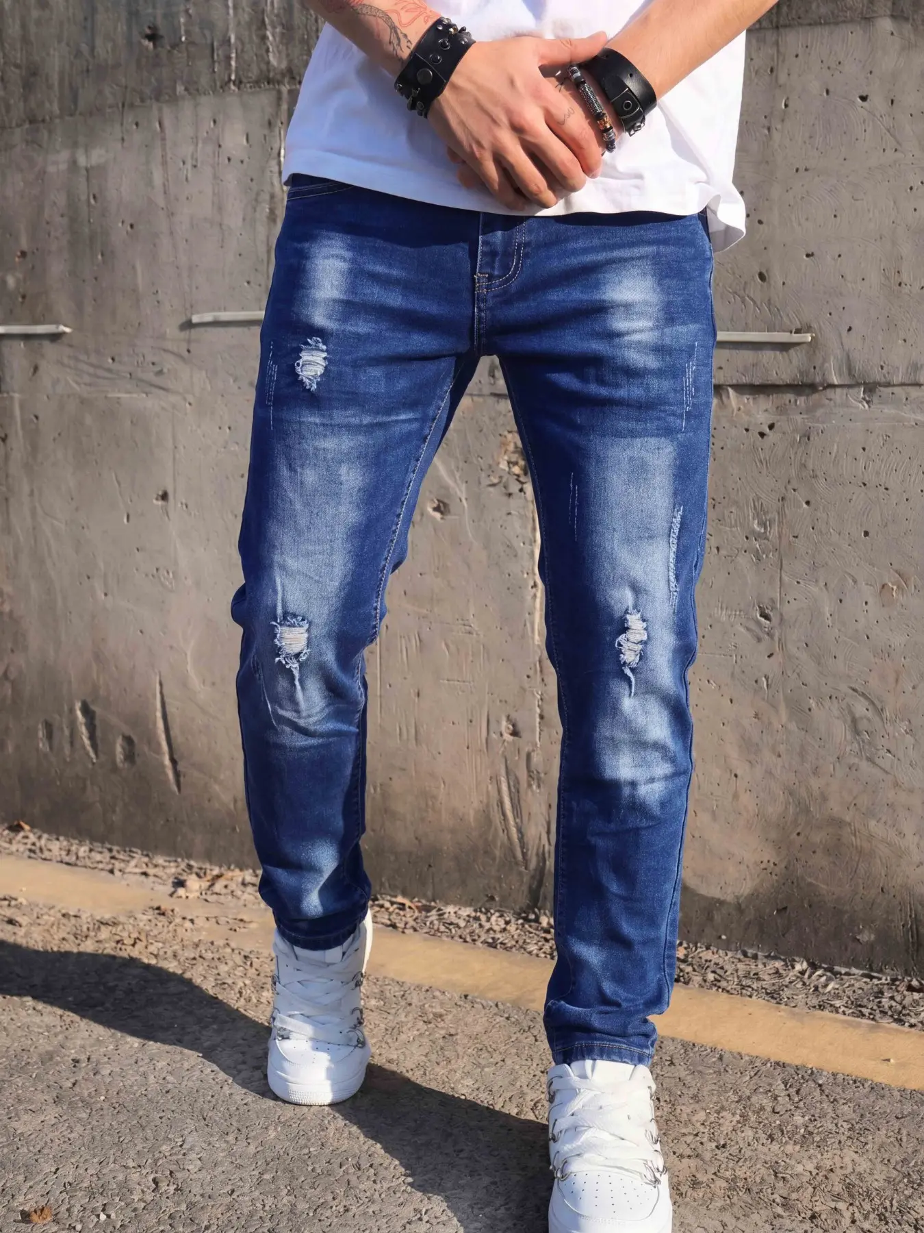 Men's Elastic Ripped Jeans, Slim Fit Deep Blue Denim Jeans, Casual Motorcycle Running Wear, Multi-Process Skinny Jeans, Pants
