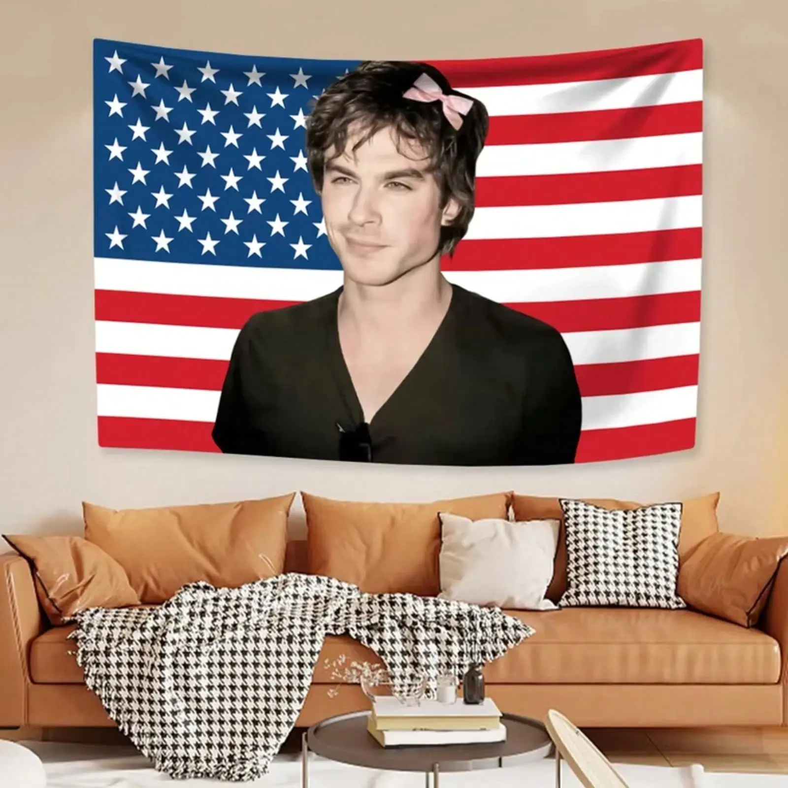 Ian Somerhalder Damon Salvatore American Flag Tapestry Classic The Vampire Diaries TV Poster Wall Hanging Aesthetic Bedroom Home Decor Photo Backdrop For Fan Themed Party Dorm Living Room Ornament