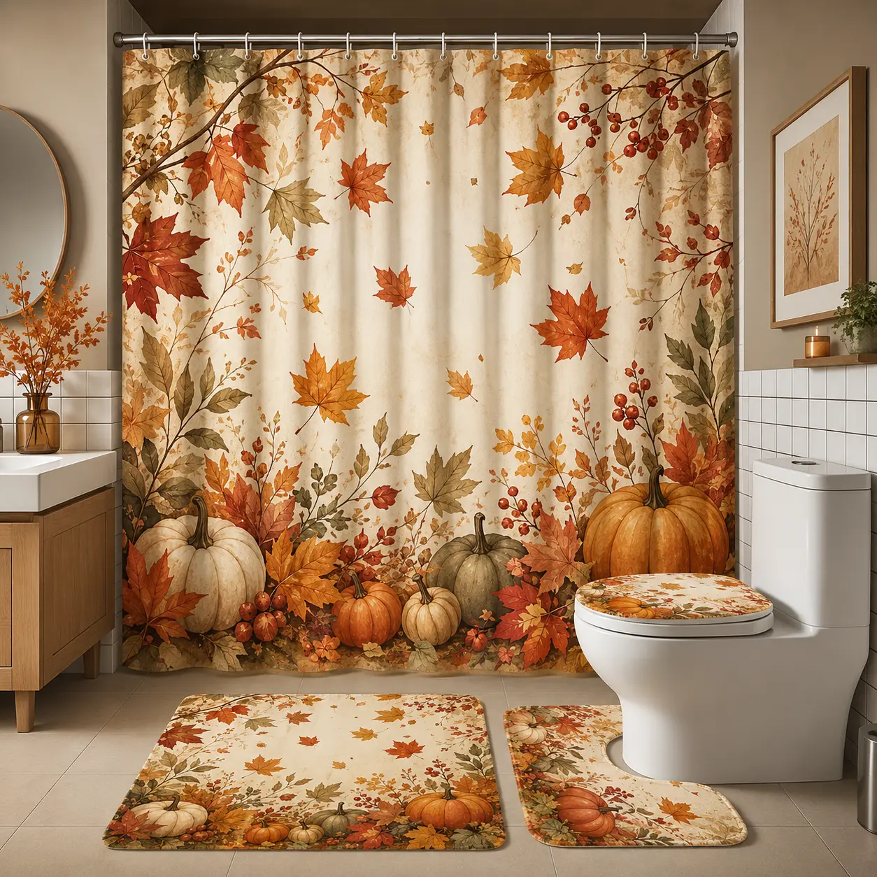 4PCS Flannel & Polyester Autumn Pumpkin Decorative Bathroom Set, 72x72 in Geometric Fall Maple Leaves Waterproof Shower Curtain with Bath Mat, Toilet Lid Cover, U-Shape Rug