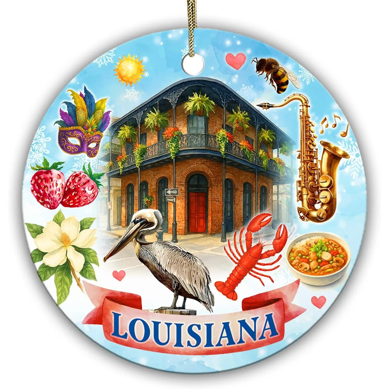 Louisiana State Christmas Ornament -  Orleans  Quarter, Mardi Gras, , Crawfish, Jazz Saxophone - State Souvenir Tree Decoration, Travel Gifts for  & Family