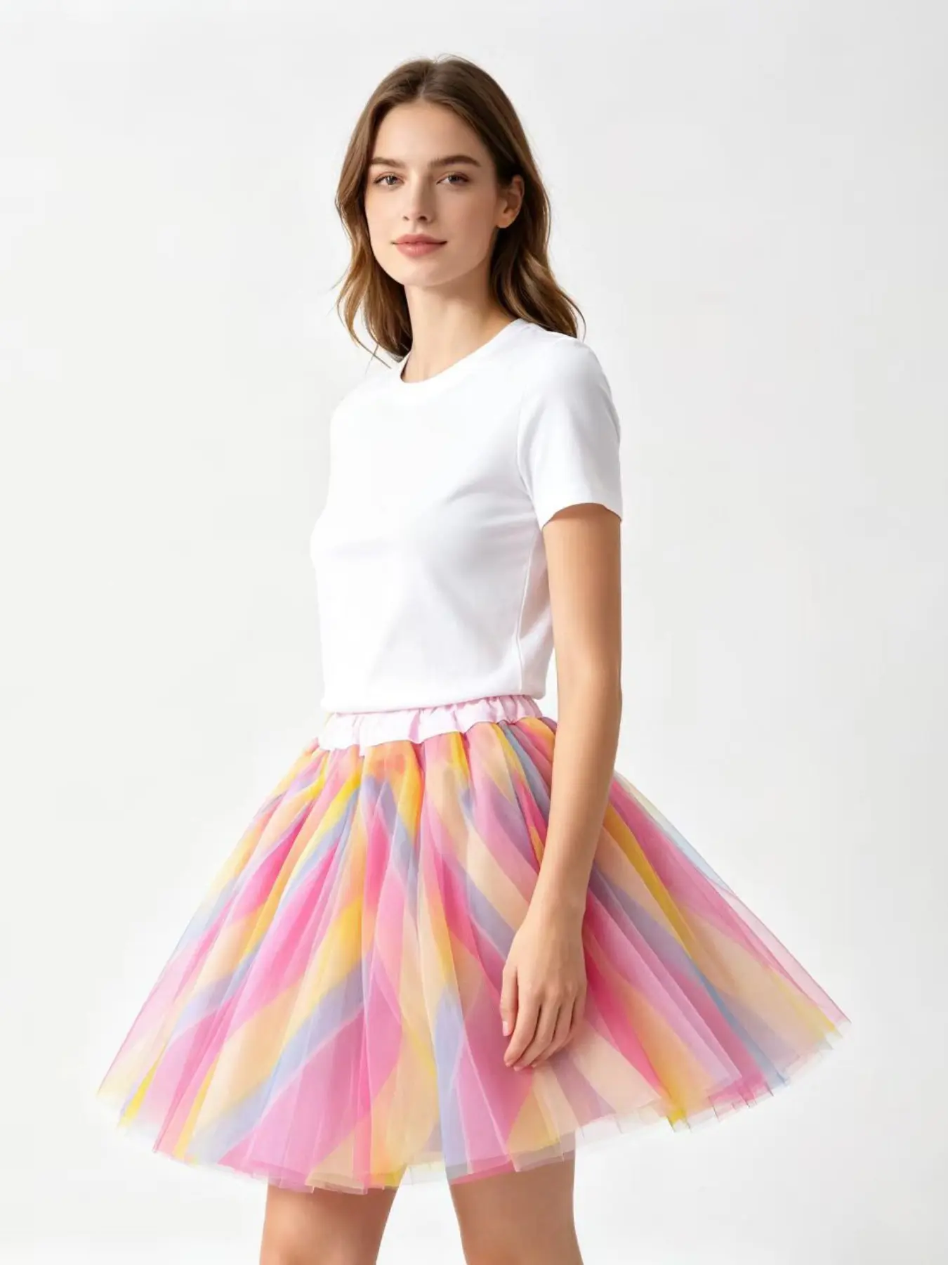 Adult Rainbow Striped Tulle Tutu Skirt, Fluffy Elastic Waist Mini Skirt, Women's Party Dance Carnival Costume, Fun and Festive