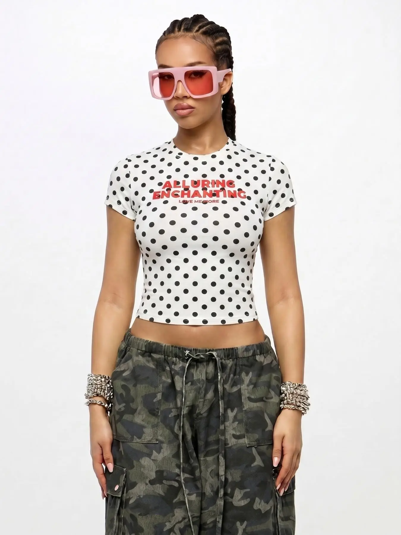 Women's Hip Hop Style Polka Dot Letter Print Raglan Short Sleeve Crop T-Shirt, Slim Fit Y2K Streetwear, 2026 Summer Casual Daily Top for Going Out
