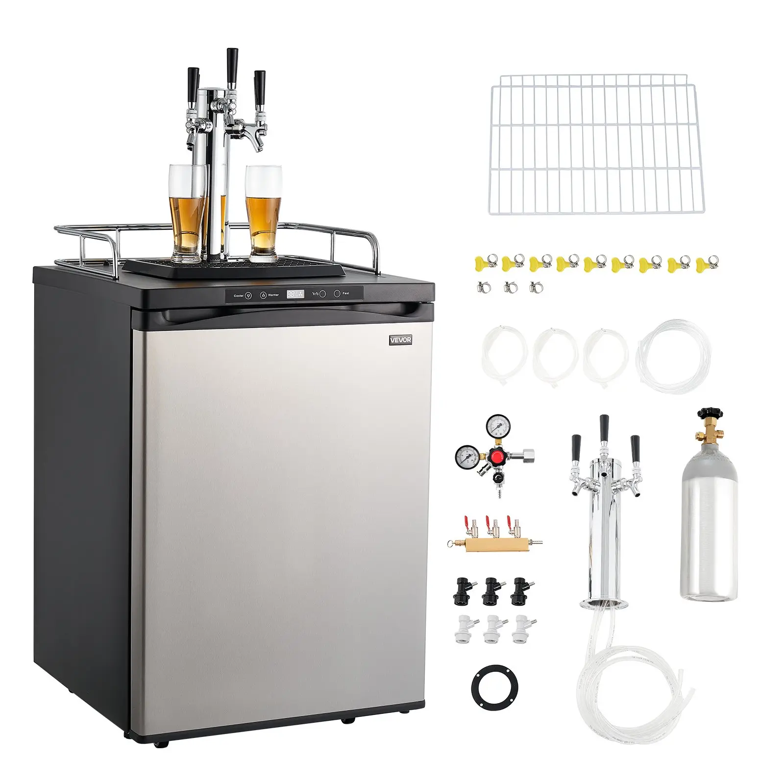 VEVOR Triple Faucet Beer Kegerator, 162L Full-Size Refrigerator with 5lbs CO2 Tank, Steel Guard Rail, AC115V Plug, Holds 2 Sixth/2 Slim/3 Ball-Lock Kegs, Home Draft Dispenser (23.7" x 30.1")