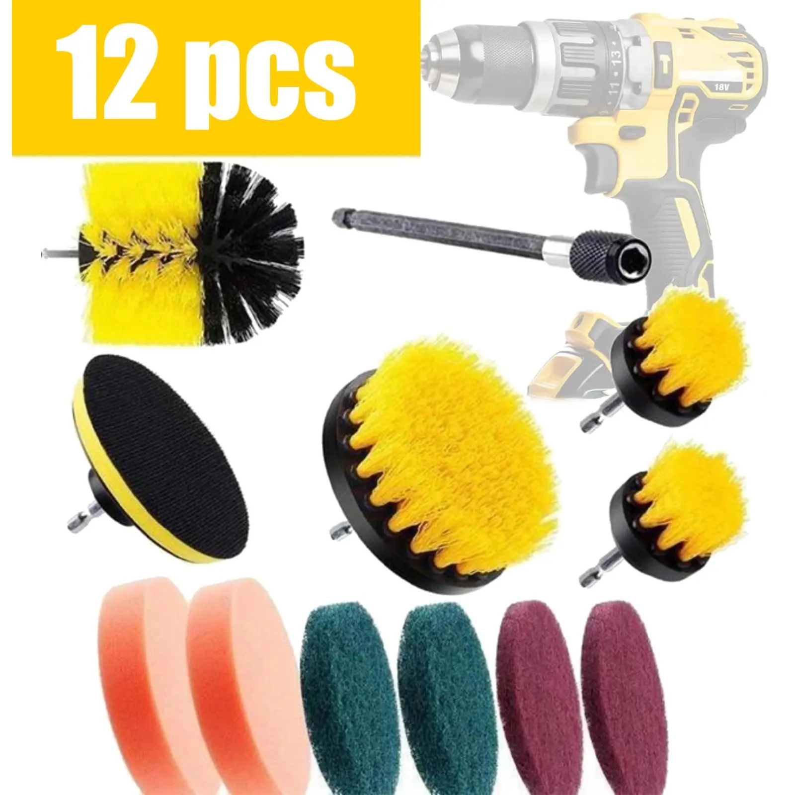 12 Pack Drill Brush Attachment Set with Scrub Pads & Sponge, Extended Shaft Power Scrubber for Tile, Grout, Sink and Auto Polishing