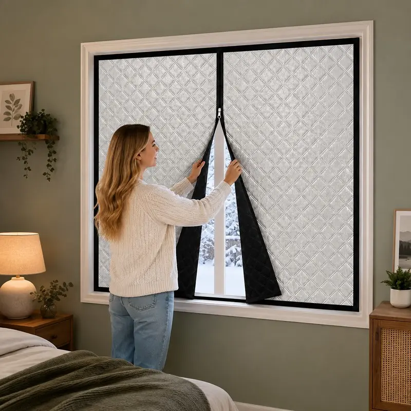 Thickened Thermal Insulated Window Curtain, Windproof and Cold-Blocking Heat Insulation Shade with Center Zipper Opening, No-Drill Installation, Shades For Indoor Windows No Drill, Suitable for Bedrooms, Living Rooms, and Winter Windows & Doors