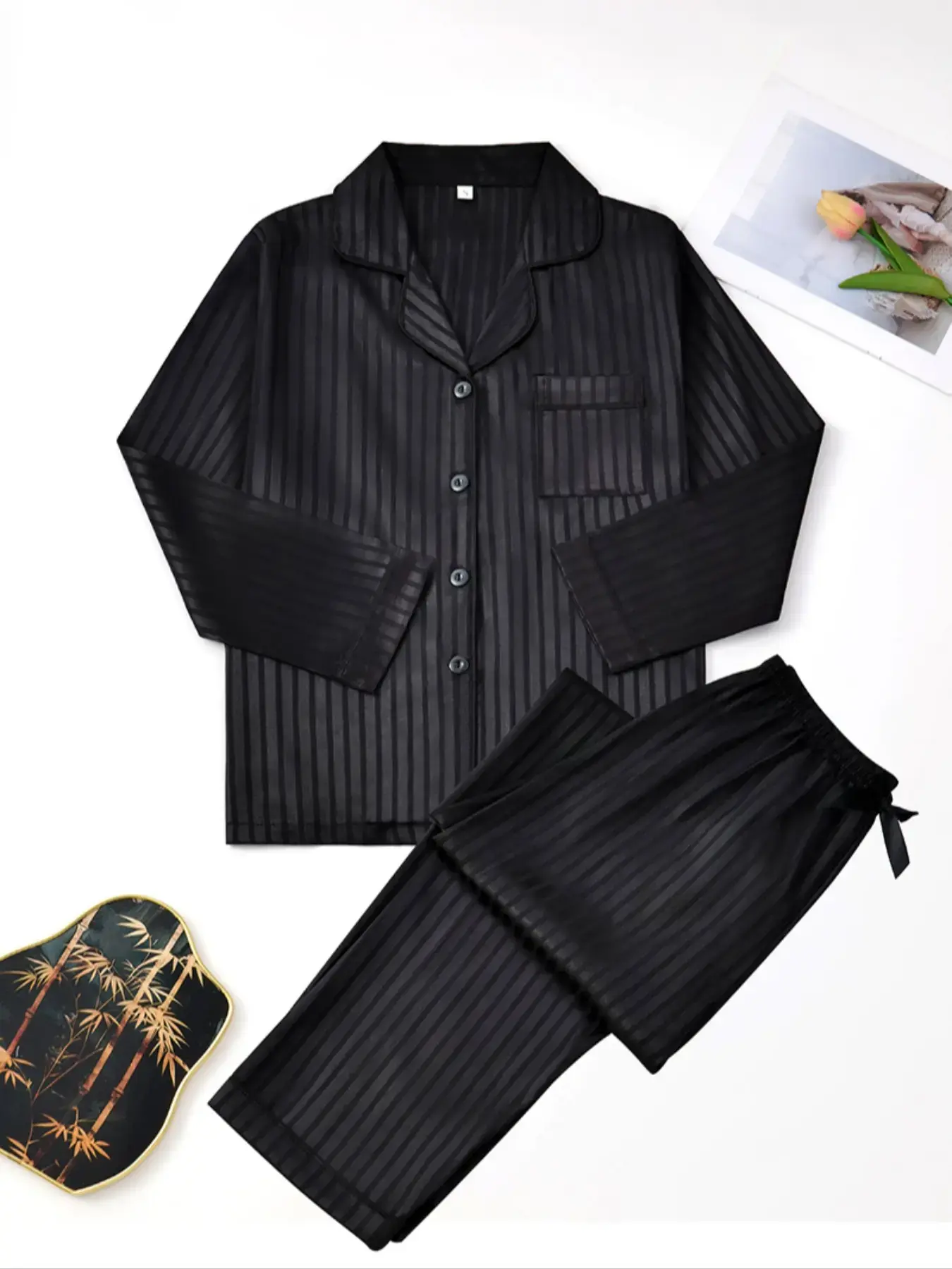 Women's Striped Jacquard Satin Woven Lightweight Matching Pajama Set, Pjs, Homewear, Nightwear, Loungewear, Casual Short Sleeve Button Front Top & Elastic Pants, Home Wear & Leisure Clothing, Casual Pajamas Set