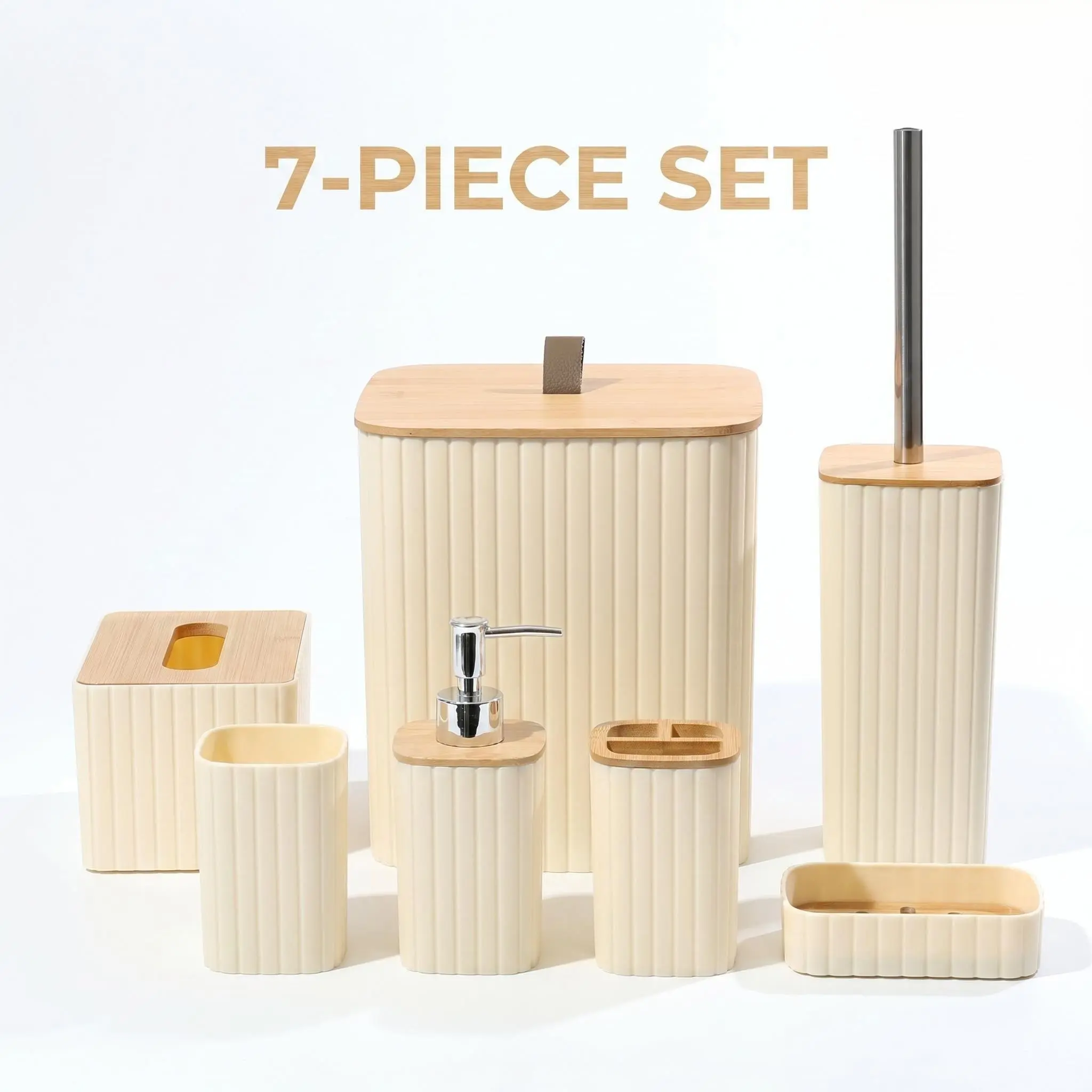 7 Piece Cream Vertical Bathroom Accessories Set, Bathroom Accessory Sets, Bathroom Gadgets, Natural Bamboo Lid, Soap Dispenser, Toothbrush Holder, Trash Can, Toilet Brush, Bohemian Home Decor