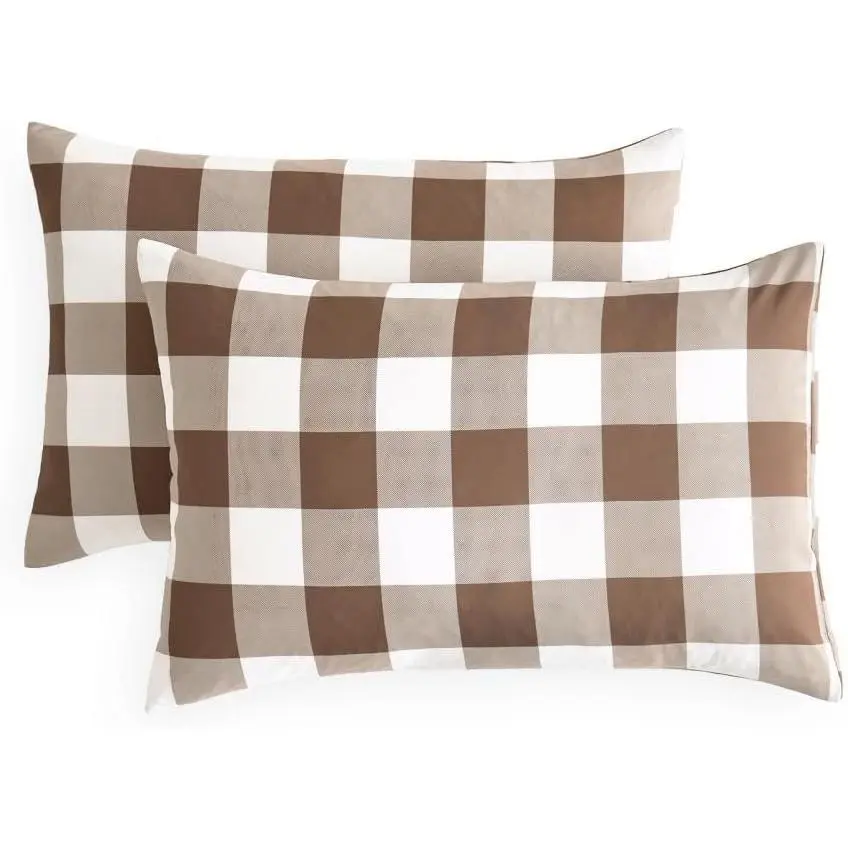 -  Pillow Cases, Buffalo Check Ggham Checkered , Set of 2 Soft Pillowcases Pillow Shams Covers, Brown Taupe White, Standard Size 20x26 ches